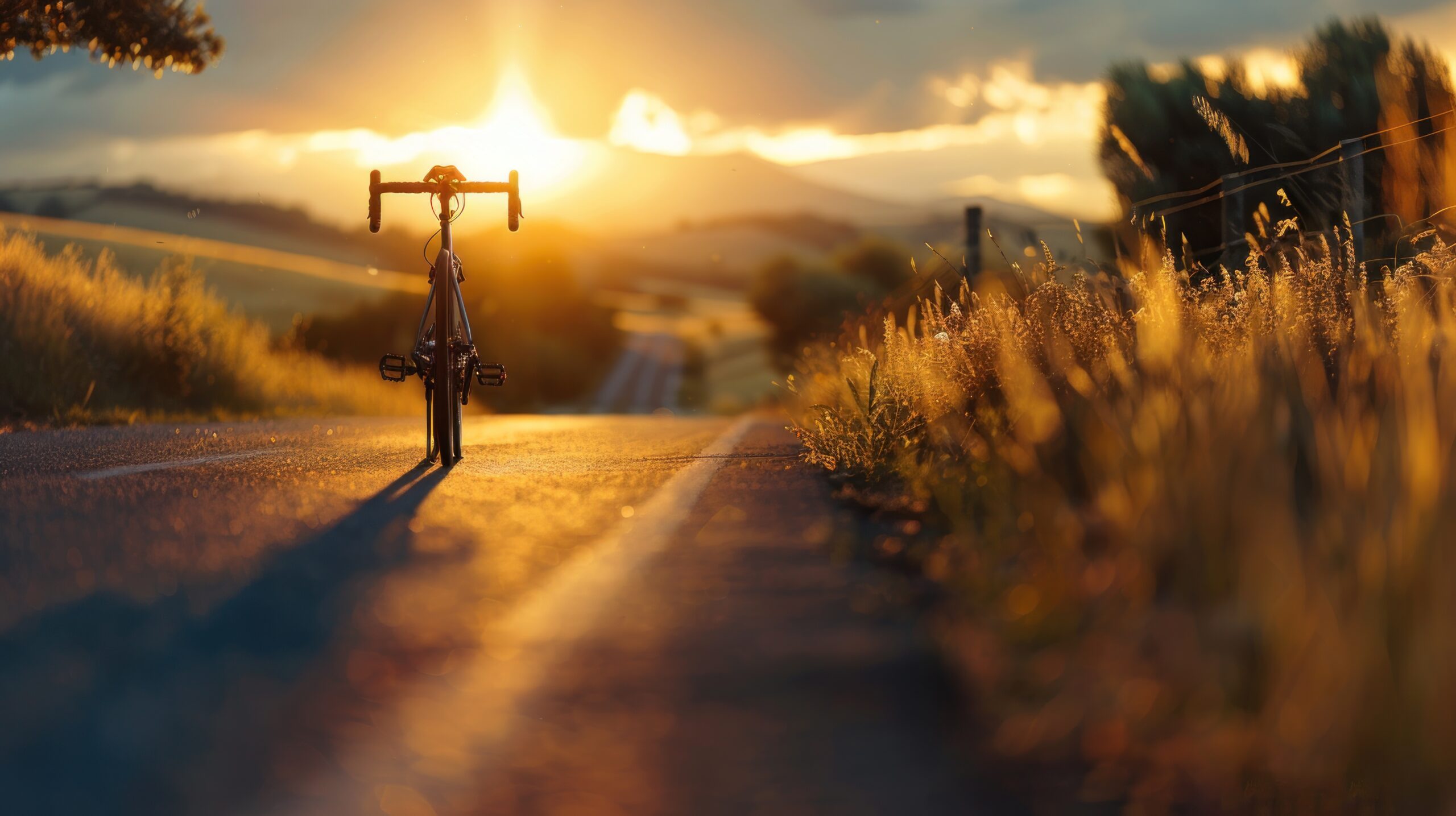 Road bike parking on beautiful yellow sunset road,