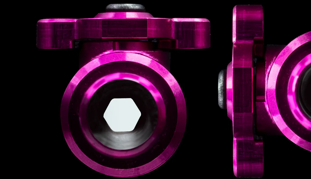 Big Bore Valve Stem in Pink open and closed valve side view.