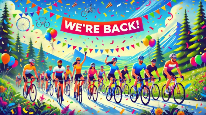 DALL·E 2024-08-02 12.00.57 - A vibrant and celebratory scene for a cycling magazine article, featuring a group of enthusiastic cyclists riding through a scenic path with confetti