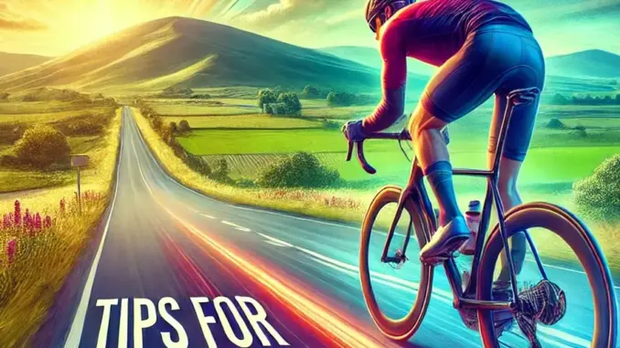 DALL·E 2024-08-06 14.18.53 - A dynamic and vibrant image showcasing a cyclist on a long road, surrounded by scenic landscapes. The cyclist is in motion, riding at a comfortable pa